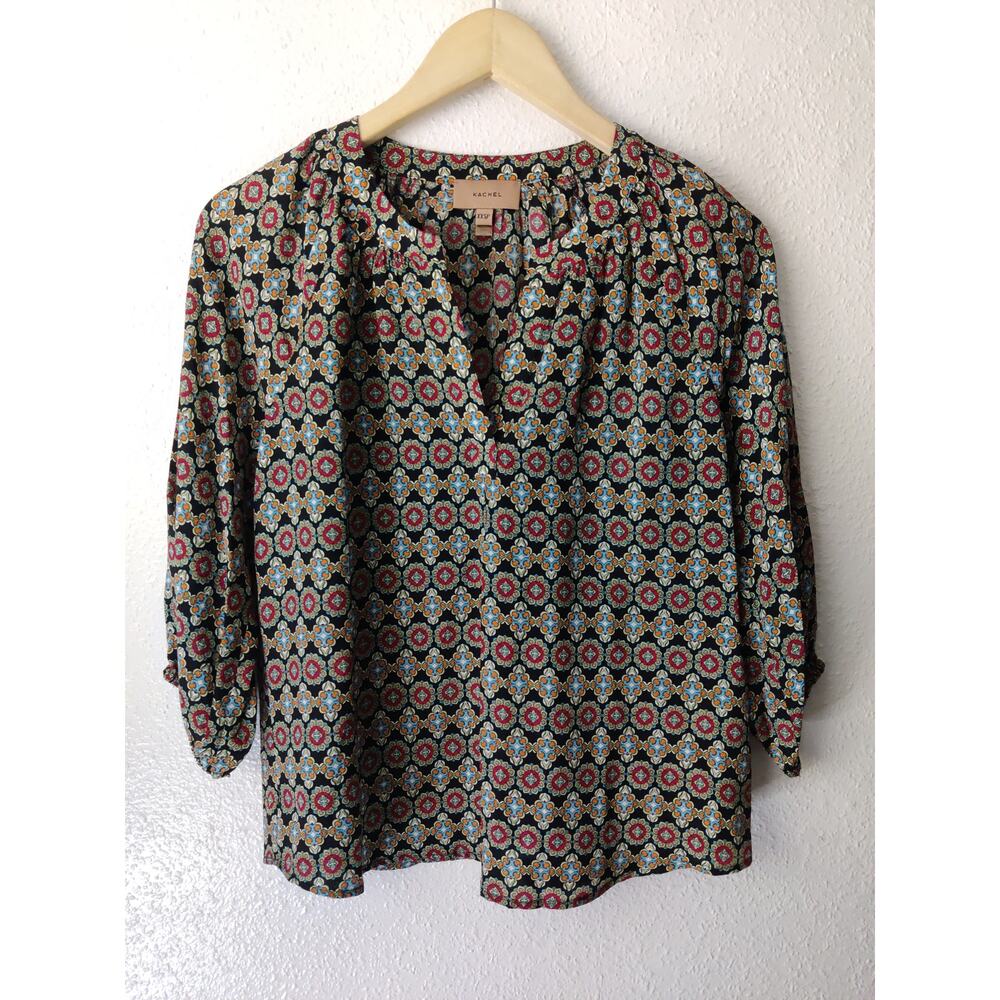 Anthropologie Kachel Green Red 3/4 Sleeve V-Neck Pullover 100% Silk Blouse XXSP
